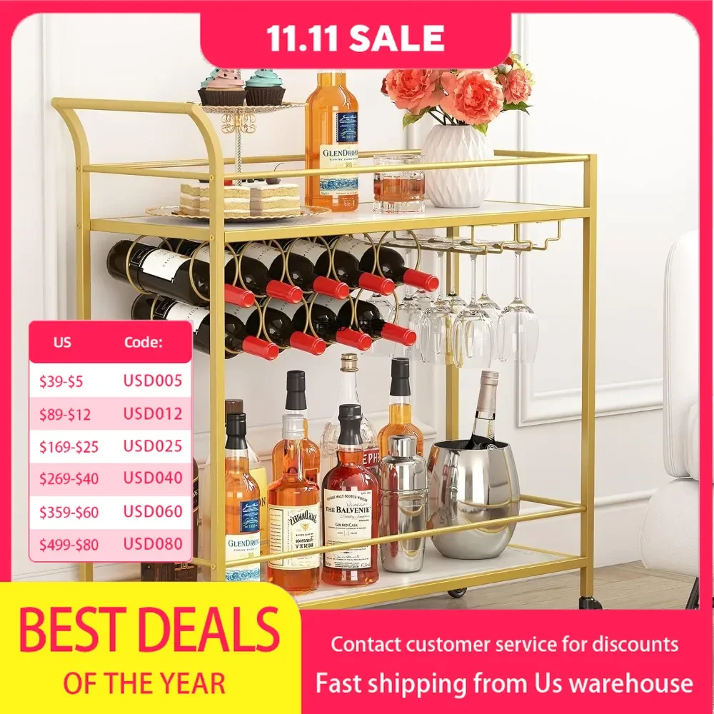 Bar Car, Family Bar Service Car, 2 Tier Drink Cart with 9 Wine Bottle Racks, Kitchen Restaurant Outdoor Alcohol Cart