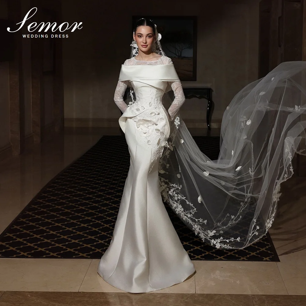 Semor Luxury Arabic Mermaid Wedding Dress Long Sleeve Lace 3D Floral Appliques Satin Bridal Gown Detachable Train Customized