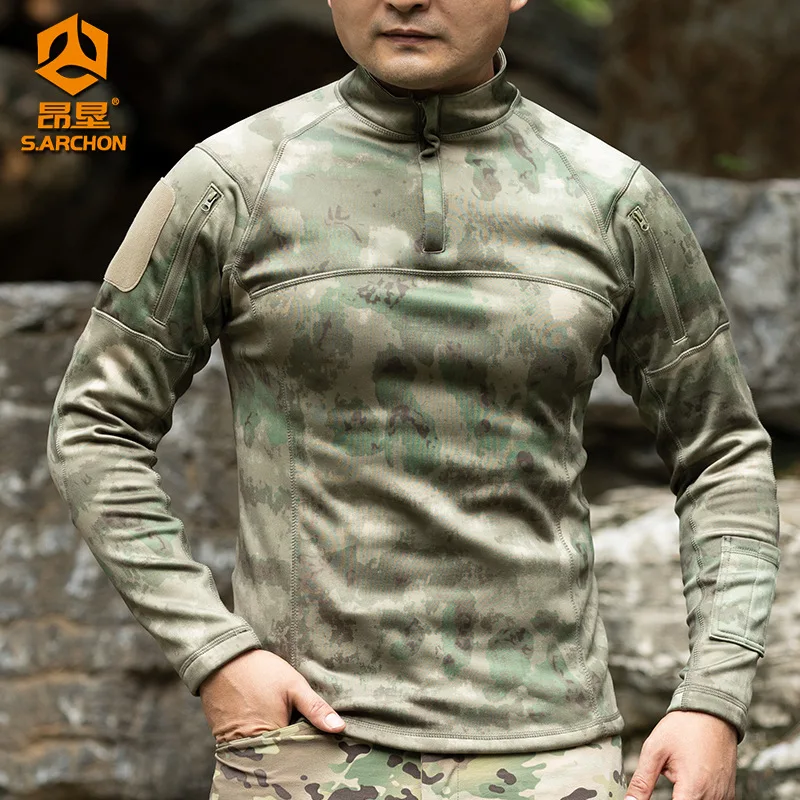 

Outdoor Men's Plus Fleece Warmth Long-sleeved Tactical Shirt Frog Suit Autumn and Winter Elastic Military Training Hiking Shirt