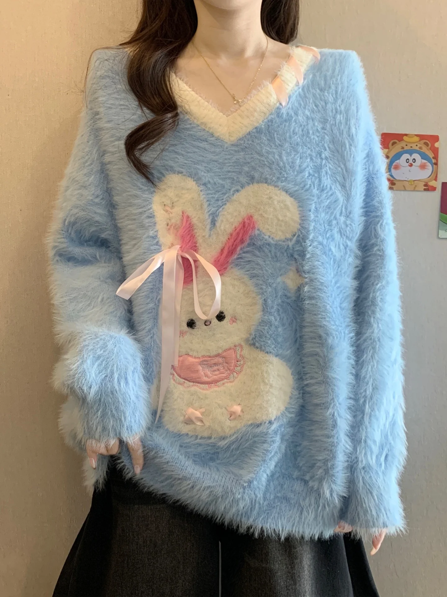 

Loose Rabbit Sweater Women's V-ne Long Sve Autumn Winter plus Size Faionable Versatile Age-reducing Top Commute Sle