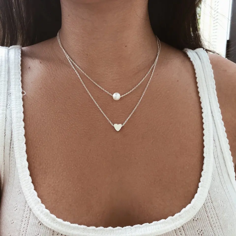 Korean Version Of Love Shape Pearl Necklace Double-Deck Metal Collar For Women Necklace Stailnless Steel For Girls Party Jewelry