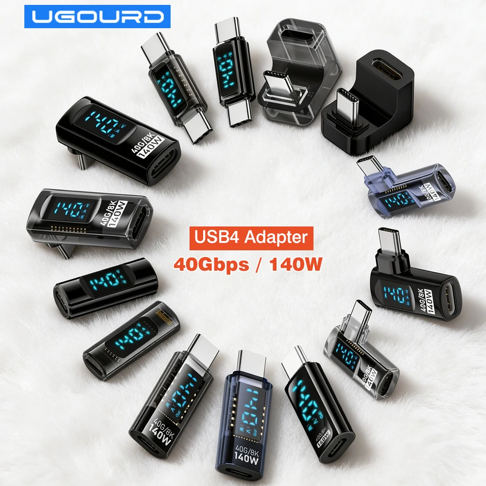 USB4 Right Angle Adapter 40Gbps 140W PD Thunderbolt 4 Elbow Adapter  90 Degree U L-Shaped Type-C to C Connector with LED Display