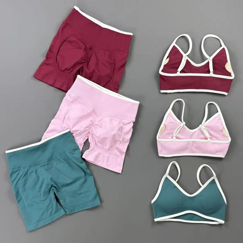 2 Pcs Sports Sculpt Scrunch Shorts Set Seamless Removable Pads Bra Tummy Control Short Suit Gym Biker Workout Fitness Yoga Sets