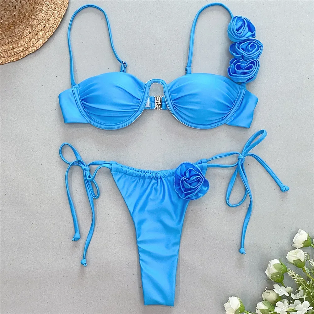 Sexy 3D Flower Blue Push Up Bikinis Set 2024 Women Wrinkled Underwired Swimwear Micro Thong Swimsuit Bathing Suit Bikini Mujer