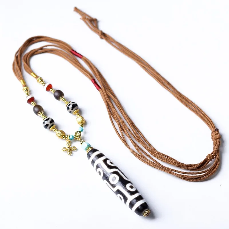 Handwoven Tibetan Patina Nine Eyed Dzi Bead Necklace New Chinese Style Sweater Chain Jewelry Gifts