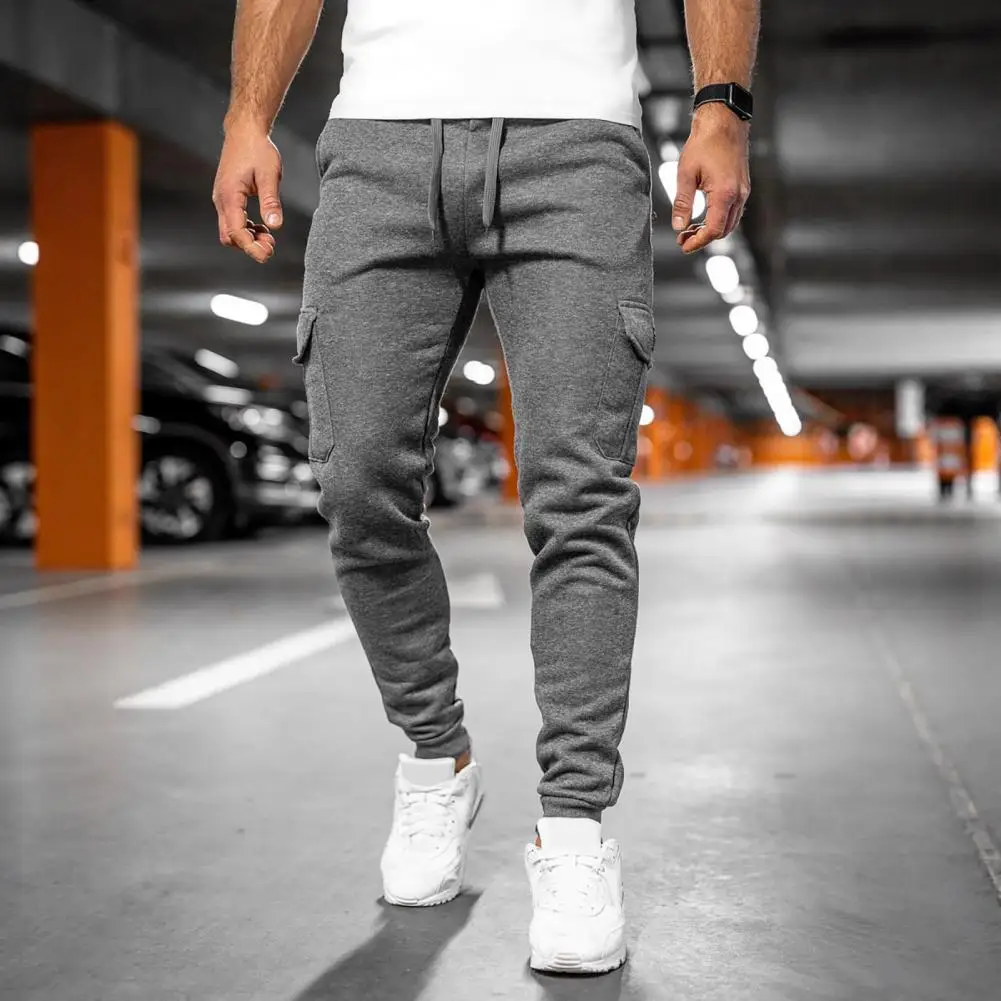 Reinforced Pocket Stitching Pants Men Polyester Sweatpants Men's Fleece-lined Winter Sweatpants with Drawstring Waist for Work