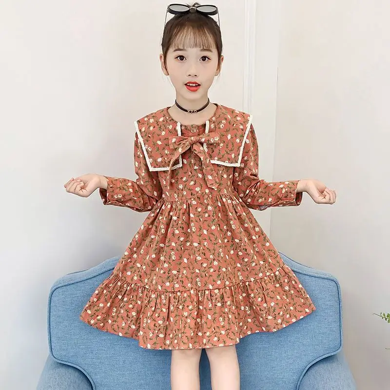 

Girls' 2025 New Arrival Autumn Korean Style Vintage Long Sleeve Floral Princess Dress Chic for 4-12 Years Old