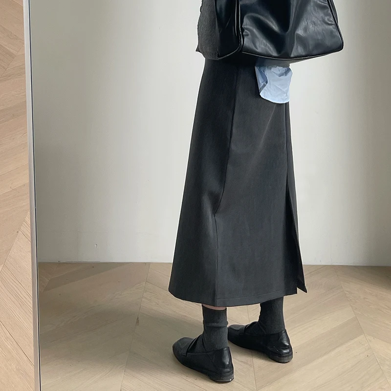 

Black Midi Skirts For Women 2025 Winter New Gray Back Slit Suit Skirt Young Girl Casual Long Skirt A-line Woman Clothes S-3xl