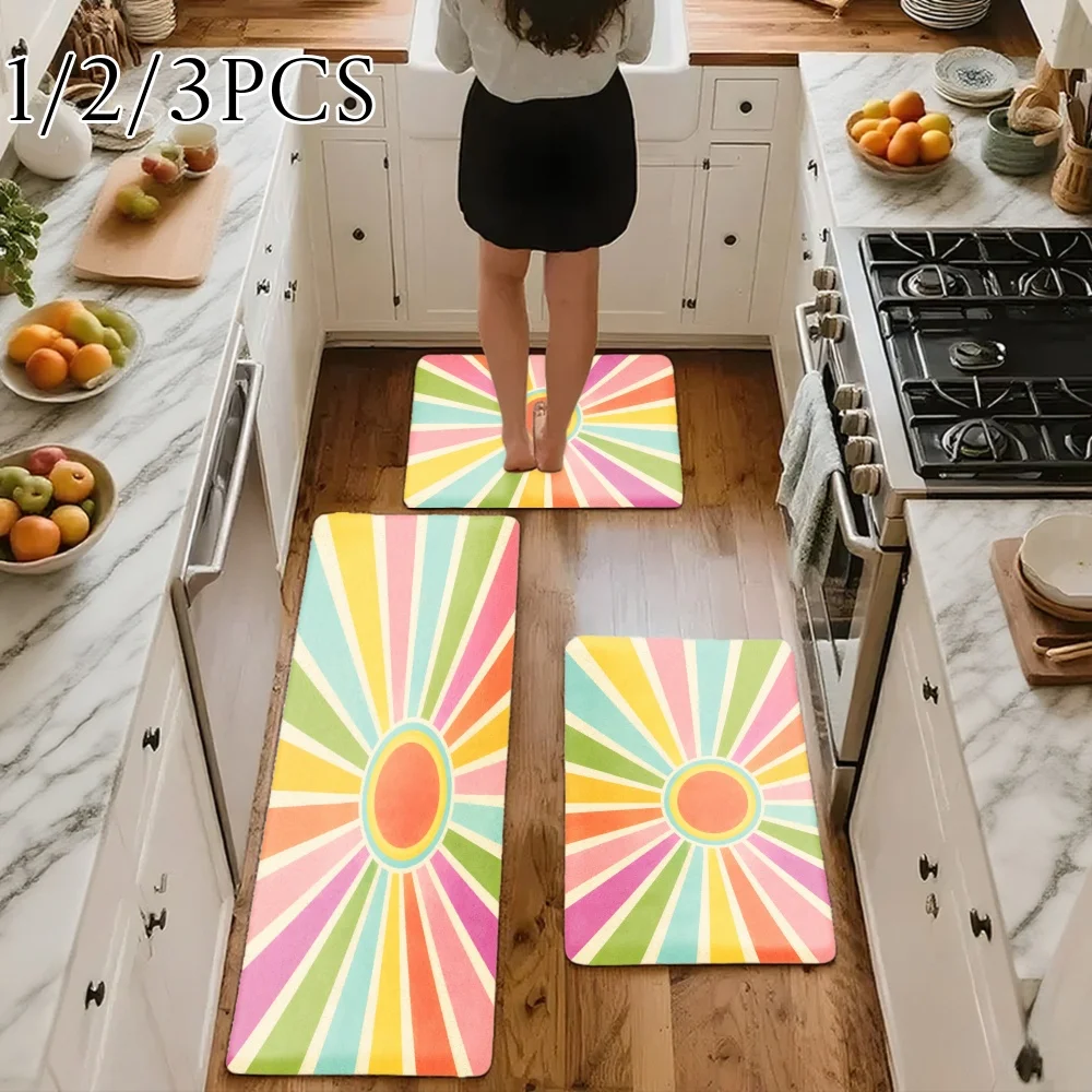 3PCS Kitchen Rugs,Home Decoration for Front Door, Kitchen, Colorful Sunburst Pattern With Radiating Stripes And Central Circle Dining Mat