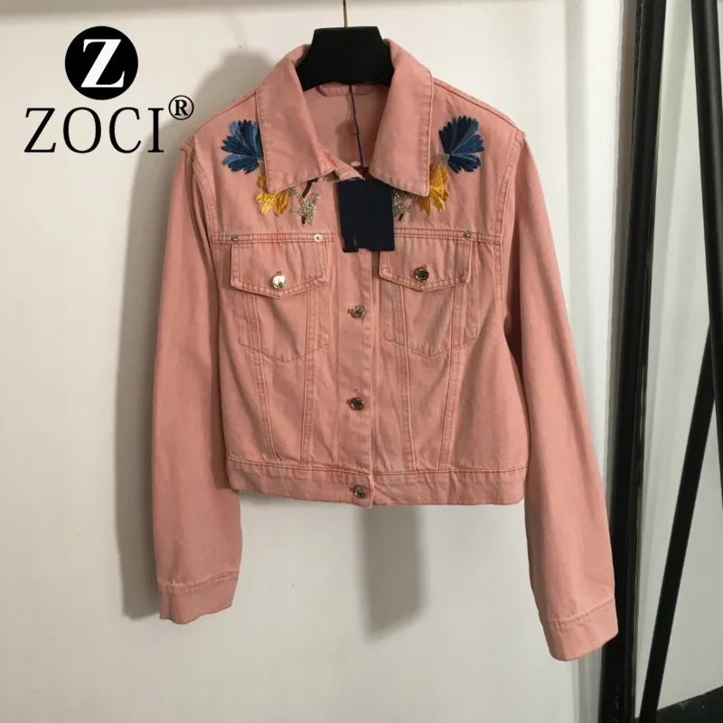 

[ZOCI] 2024 Summer Hot Selling New Beautiful Nail Bead Embroidered Flower Pocket Flip Collar Long Sleeve Cowboy Coat