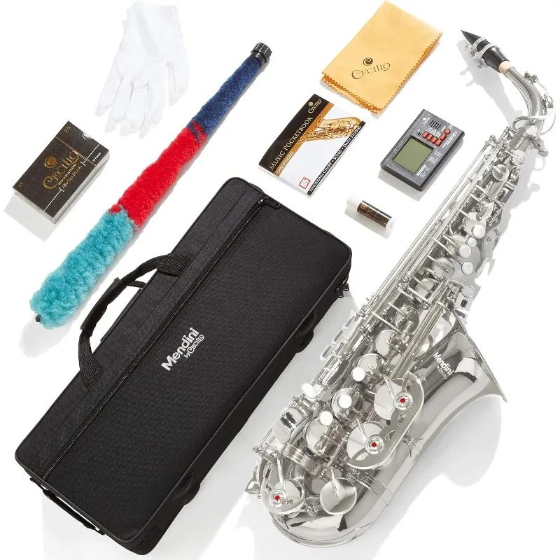 

Eb Alto Saxophone - Case, Tuner, Mouthpiece, 10 Reeds, Pocketbook- Nickel E Flat Musical Instruments