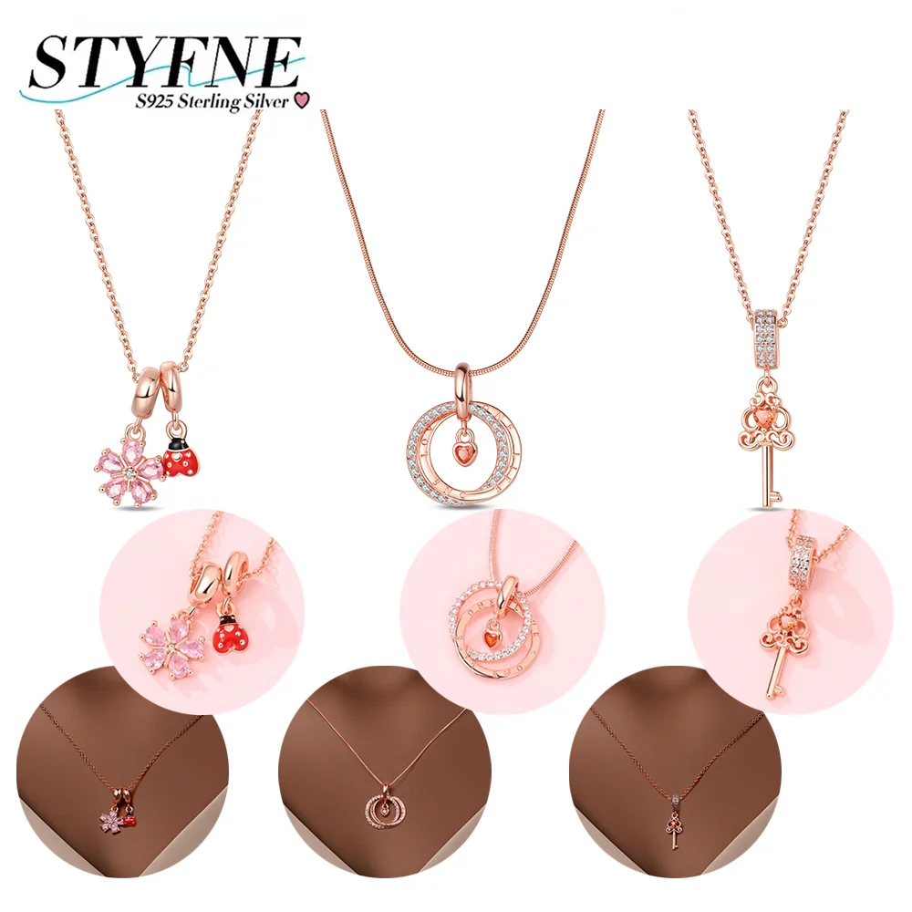 

New 925 Silver Rose Golden Fairy Tale Key Necklace Pink Zircon Flower Necklace for Mom Friends Birthday Gift Fashion Accessories