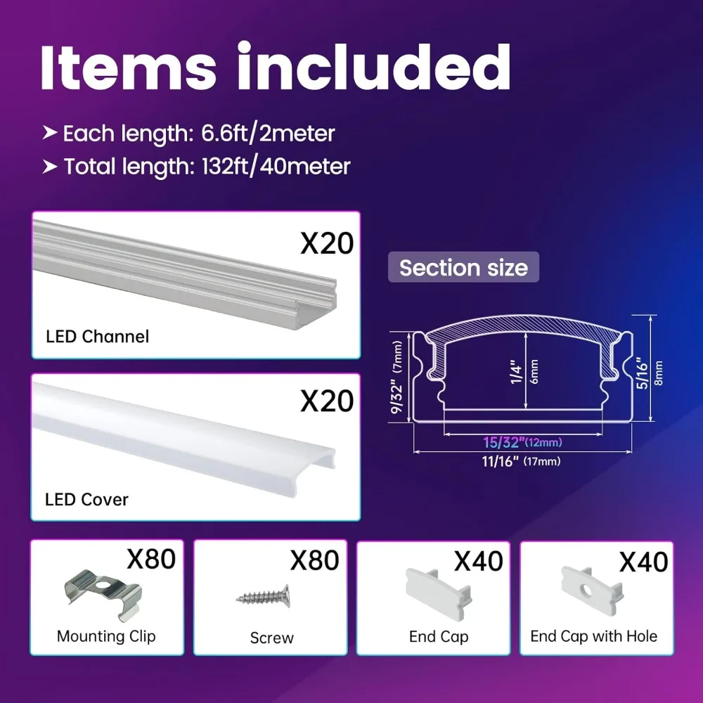 

20Pack 6.6FT Silver LED Strip Channel with Milky Cover Easy Install U Shape Aluminum Diffuser