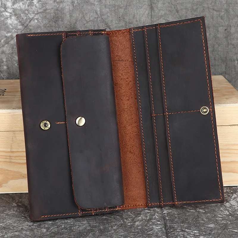

Crazy Horse Leather men's wallet, long leather buckle mobile phone storage, large capacity, retro handcrafted wallet
