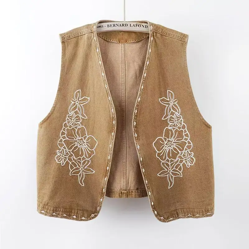 

Новая весенне-осенняя джинсовая жилетка в стиле ретро с вышивкой, короткая, свободная, без рукавов, женская верхняя одежда