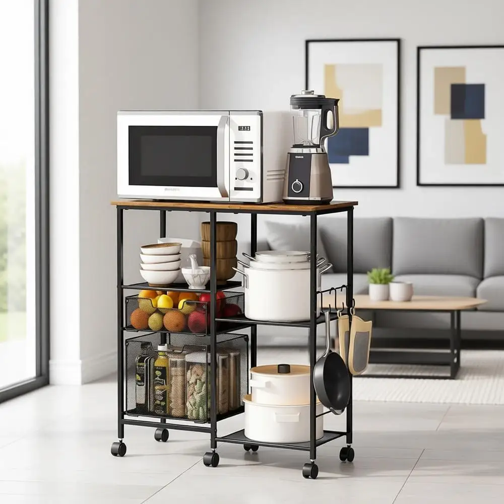

Mobile Kitchen Cart with Storage Shelves, Multi-functional Rolling Rack for Microwave, Baker's Rack, Coffee Bar, and Kitchen Isl