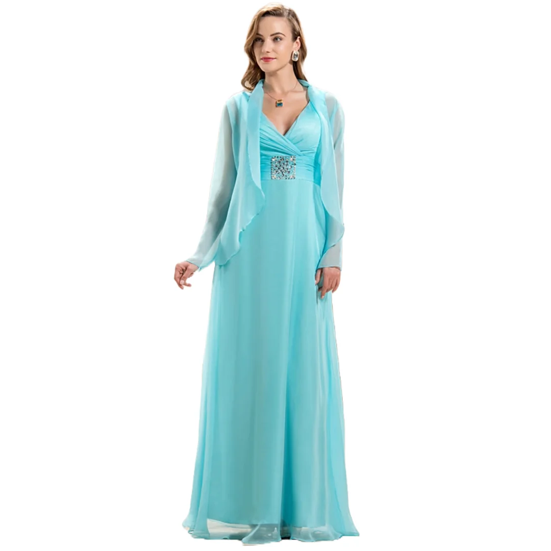 

Aqua Blue Long Sleeve Floor-Length Chiffon Dress with Embellished Waist Mother of the Bride or Groom Weddings and Formal Events