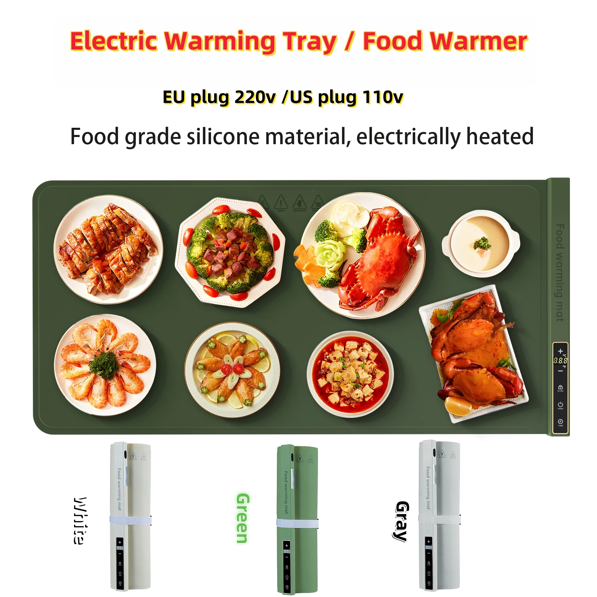 Elektrisches Wärmtablett, Speisenwärmer, Matte, faltbar, Tischplattenwärmer, Lebensmittel, schnelle Erwärmung, tragbares elektrisches Wärmtablett, 8-Temp-Einstellung