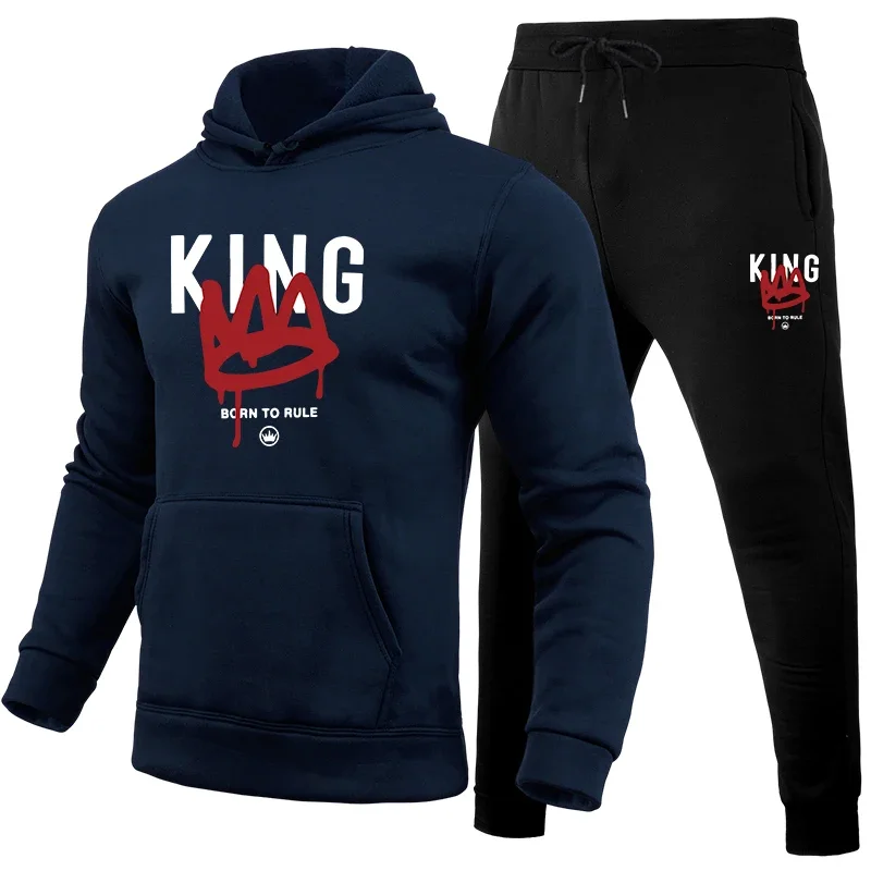 

Мужской спортивный костюм с принтом King, повседневные толстовки, брюки, комплект из 2 предметов, спортивный костюм для бега на открытом воздухе, мужская одежда, офисный домашний костюм с капюшоном