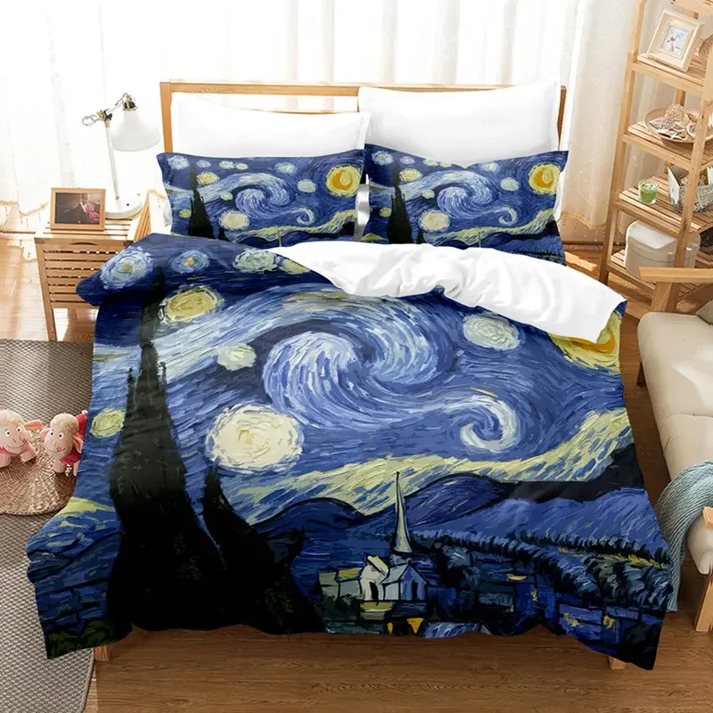 Starry Night Van Gogh Duvet Cover Set Queen Size,Oil Painting Famous Modern Classic Sky Star Art,Decorative 3 Piece Bedding Set