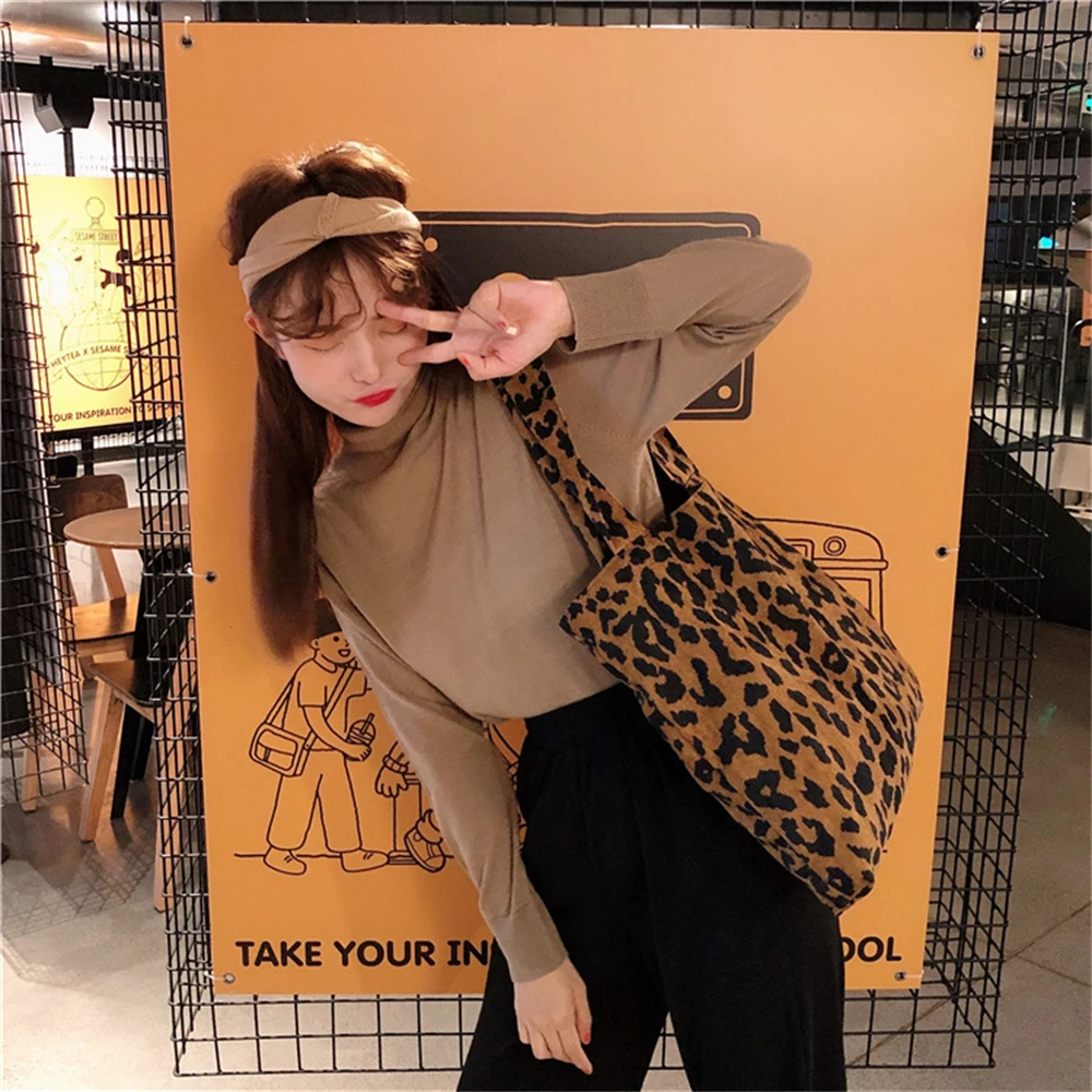 Female Ins Autumn and Winter Leopard Print Chic Korean Corduroy Shoulder Canvas Bag Shopping Tote Bag Women's Shopper Bag Bolsas