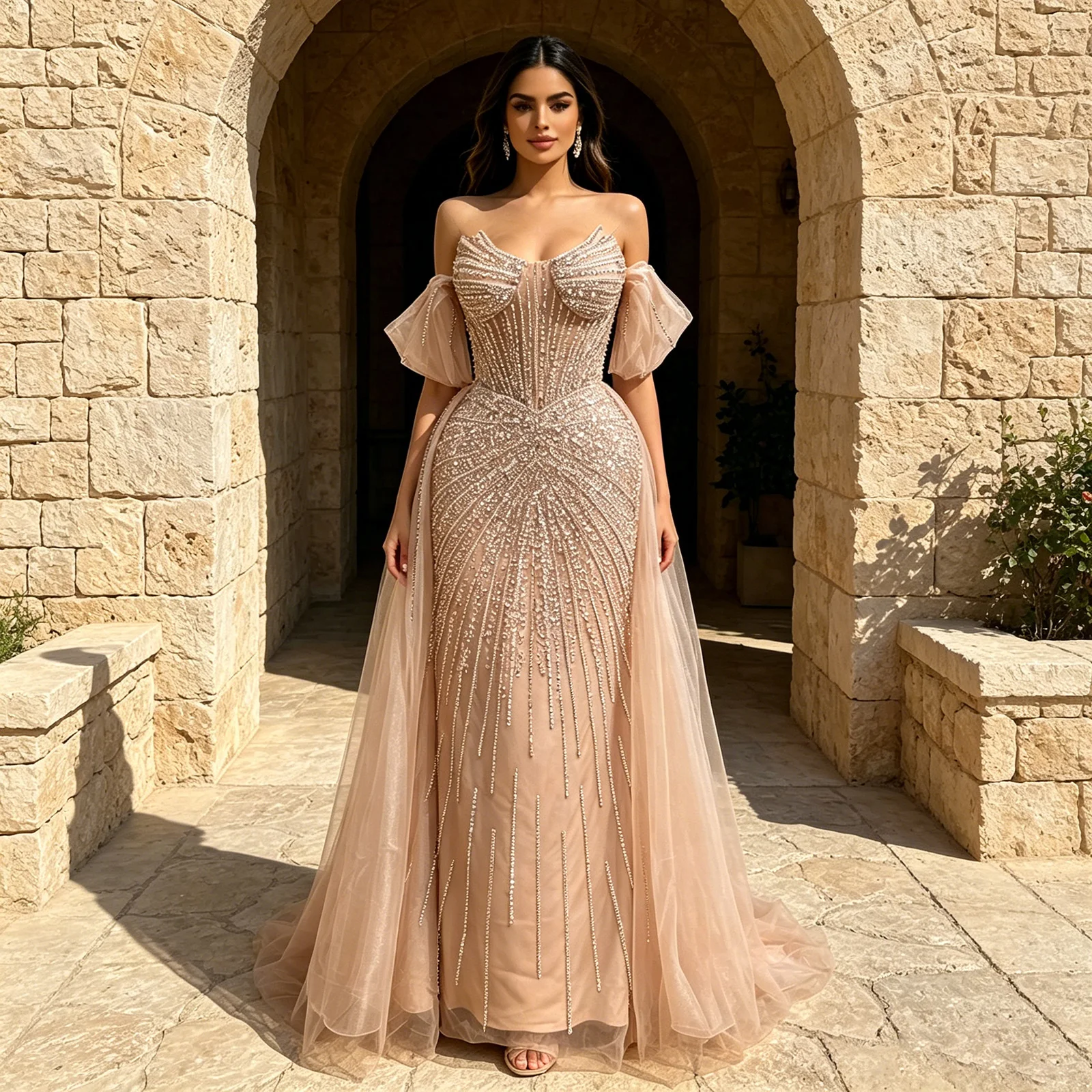 Eshaut&bridal Luxury Beaded Evening Dress with Detachable Overskirt Crystal Formal Prom Gown for Wedding Party Customized 2026