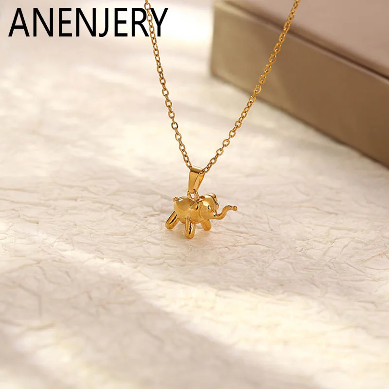 ANENJERY L316 Stainless Steel Rabbit Elephant Bear Pendant Necklace for Women Simple Clavicle Chain Jewelry Accessory