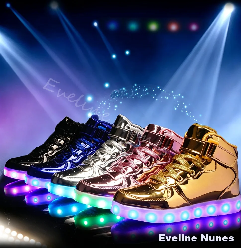 LED Glowing High Top Sneakers Men Gold Flashing Light Up Hook & Loop Casual Shoes Children Dancing Party Cosplay Holiday Gift