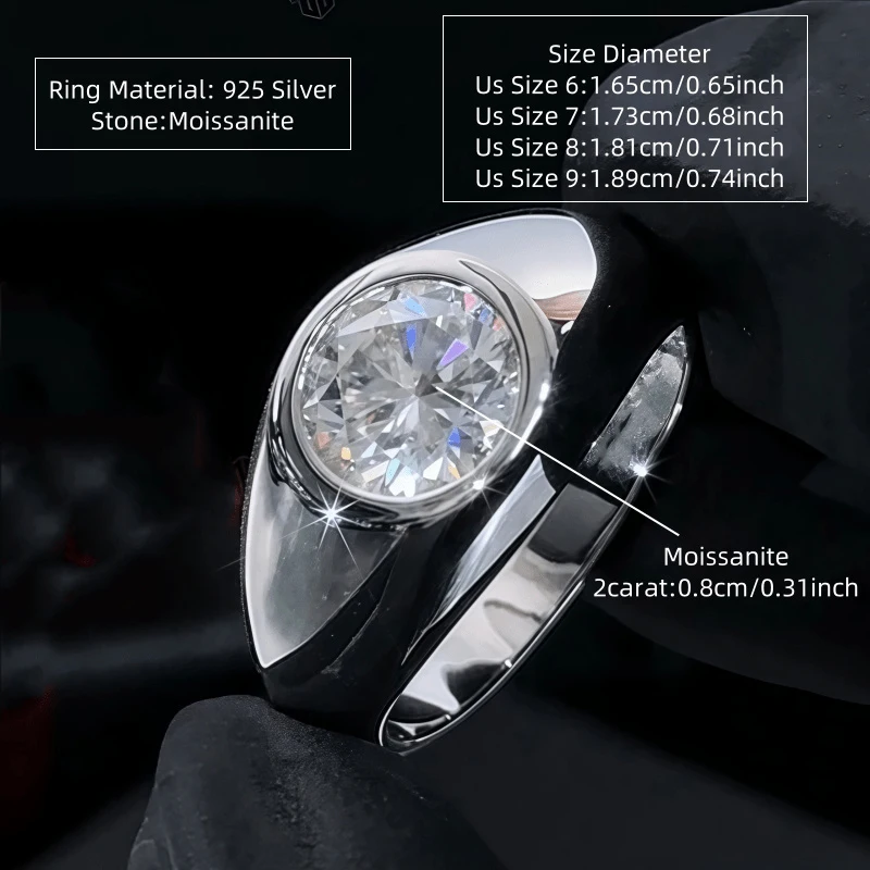Ein klassischer und trendiger hochwertiger Schmuckring für Männer und Frauen, gefertigt aus 925er Sterlingsilber und mit einem runden Moissanit. – Detail 3