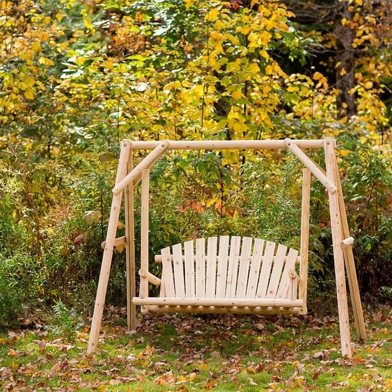 Patio Porch Swing Set, 67in Wood Log Swing Stand with Bench Loveseat Stable A-Frame for Patio Backyard Deck