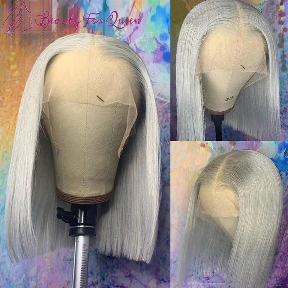 Grey Short Bob Lace Wigs Straight Lace Wigs Colored Sliver Gray Lace Wigs Brazilian Remy Hair Wig 150% Density Cheap