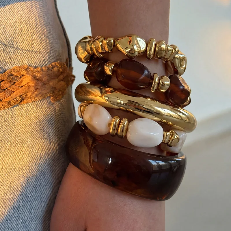 4/5/6pcs/set Natural Wood & Resin Stackable Bangle Bracelet Set, Boho Layered Handmade Jewelry Gift for Wome
