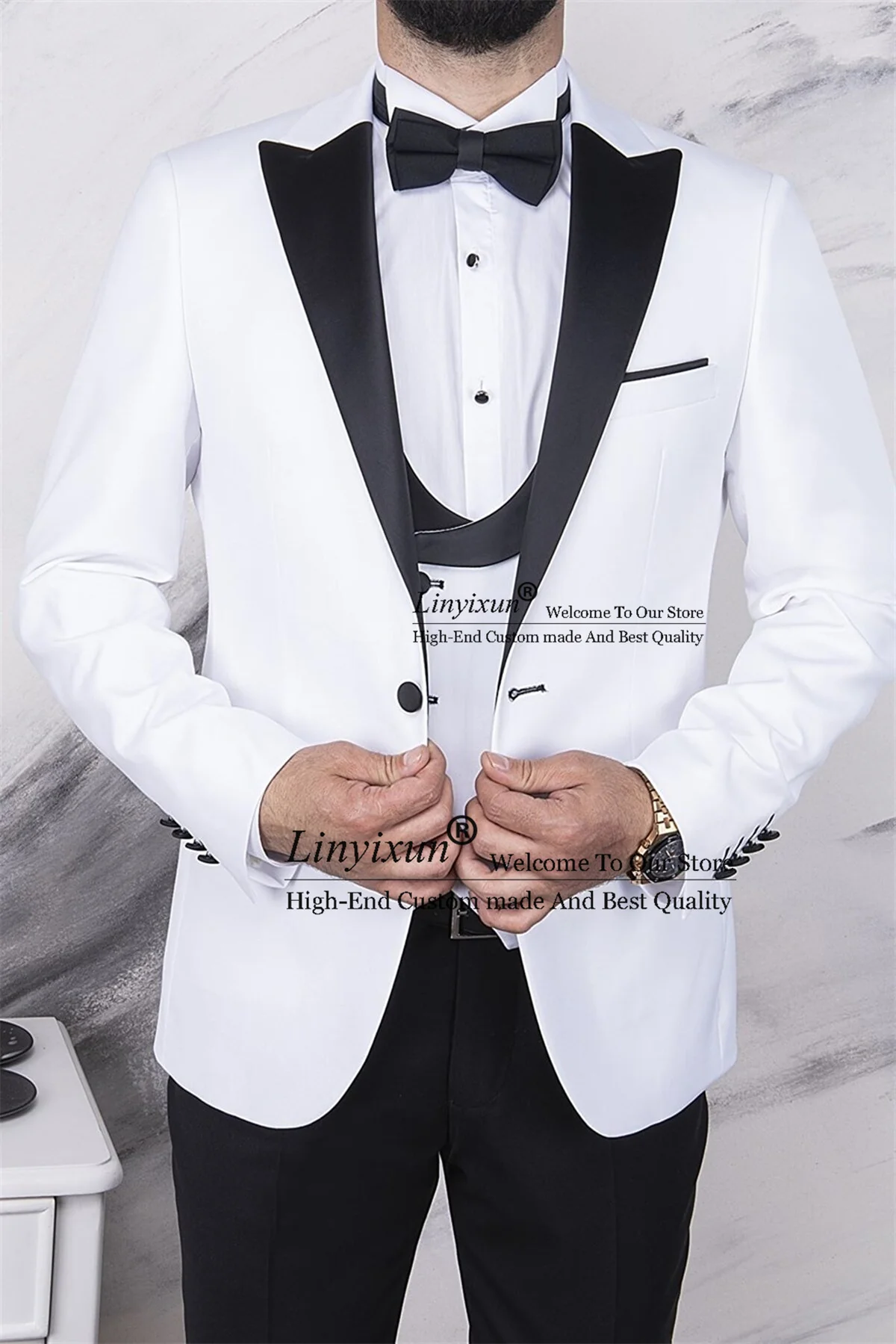 

Classic White Groom Tuxedo Black Peak Lapel Men Suits Wedding Groomsmen Blazer Set Jacket Vest Pants Outfit Terno Masculino