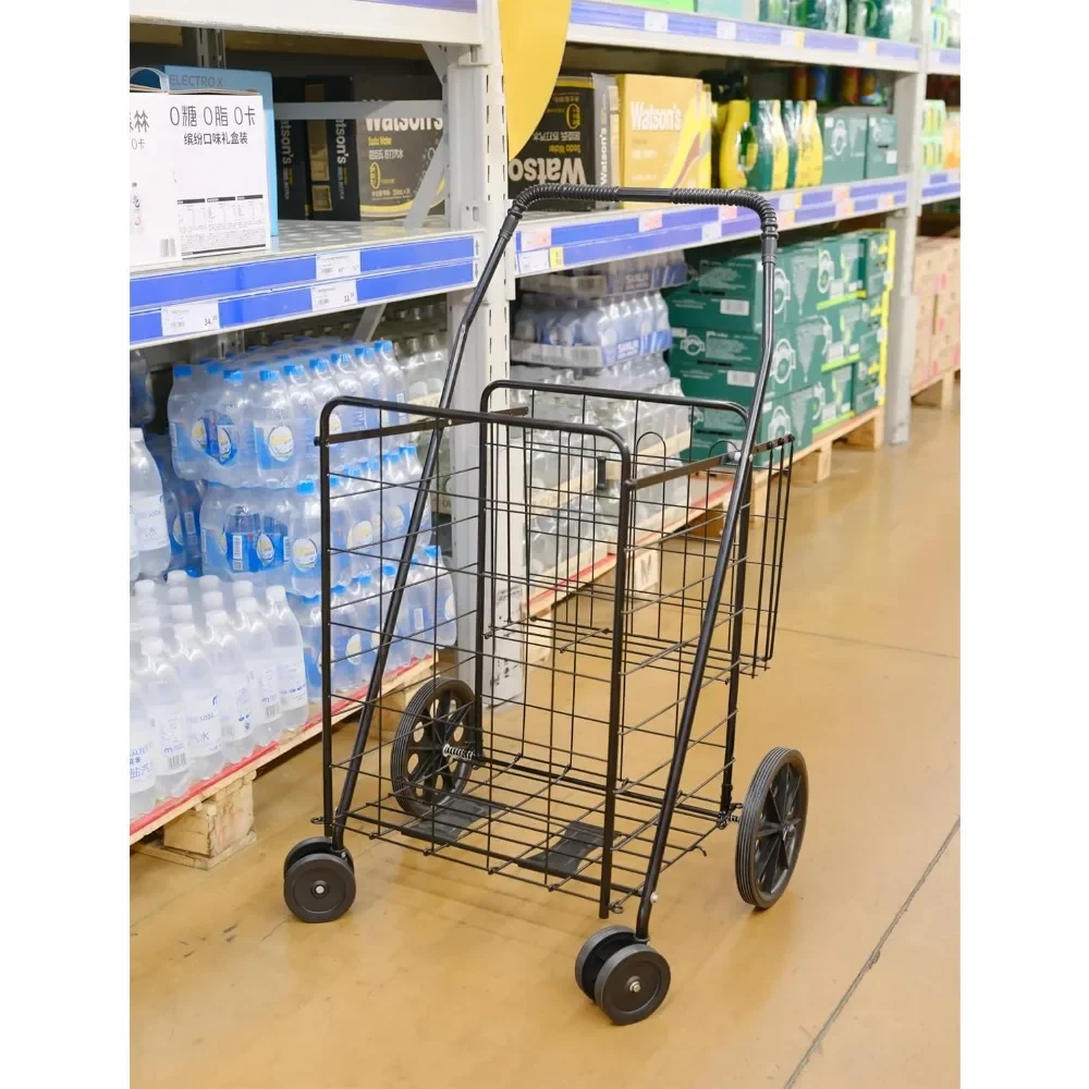 Jumbo-Folding Carrinho de Compras, Carrinho Dobrável, Cesta Dupla, Rodas de 360 Graus, Carrinho Utilitário