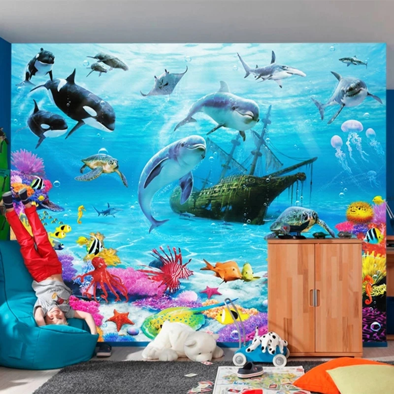 Customized 3D Cartoon Underwater World Mural Kid's Room Wallpaper dolphin Living room sofa TV background wall bedroom restaurant