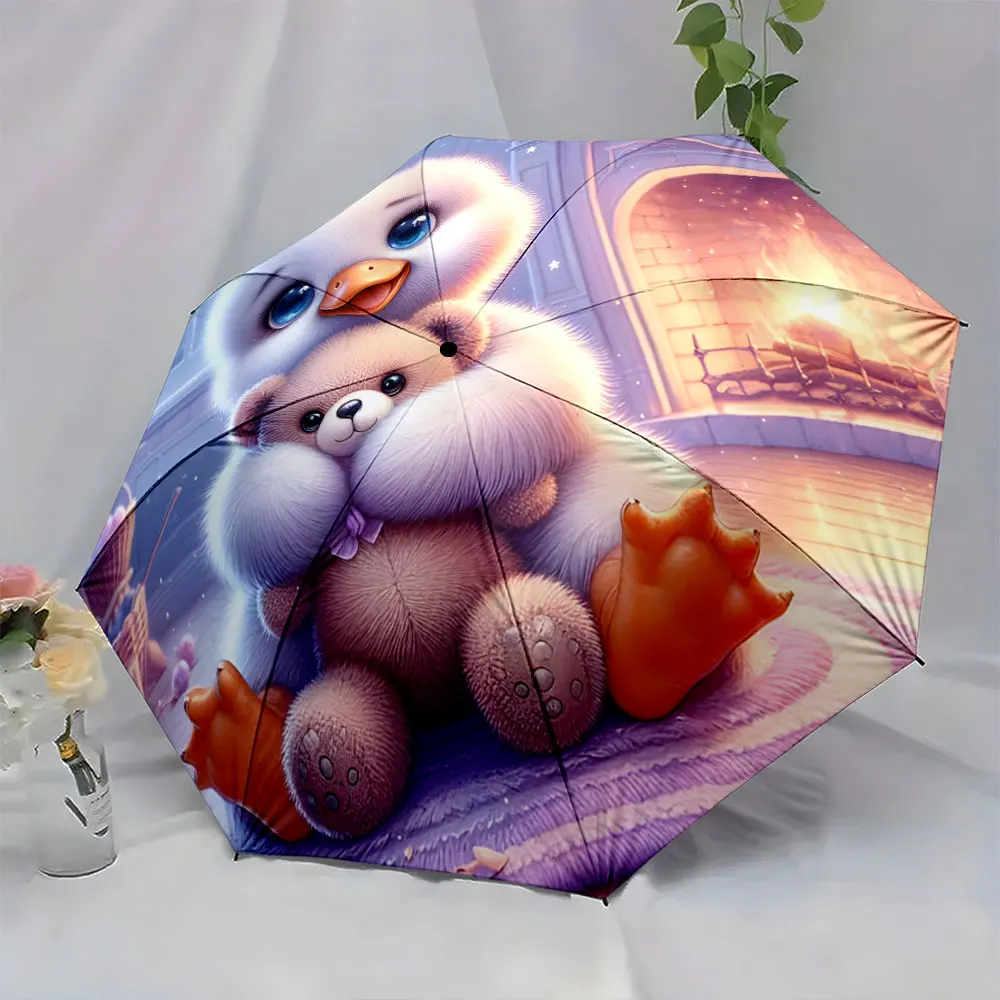 1PC Cozy Duckling and Teddy Bear Design on Umbrella Print 8 Iron Ribs Folding Umbrella Auto-Open Fashion Sunshade