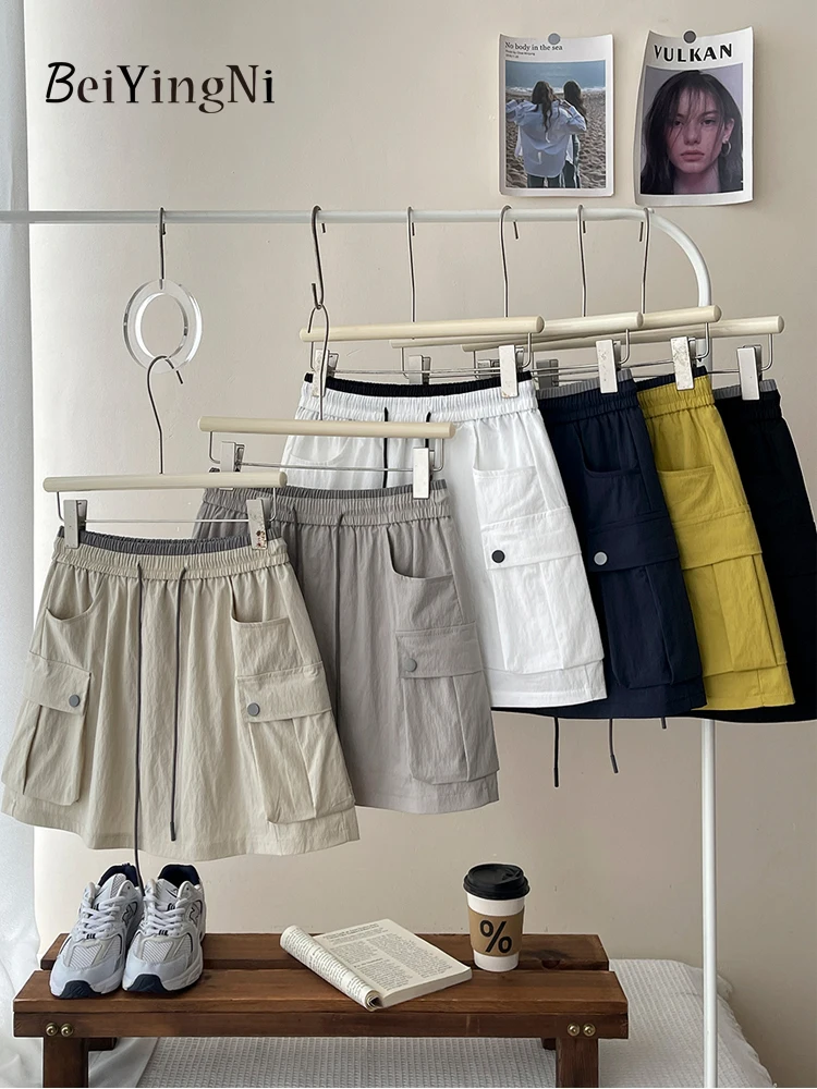 

Beiyingni Women Casual Mini Cargo Skirts Spell Color Summer New Fashion Sport Short A-line Skirt Female Casual Pockets Faldas