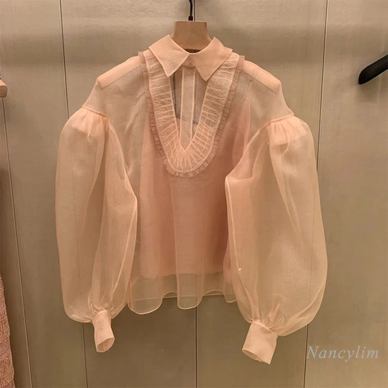 

2024 Spring Korean Style Shirt for Women New Two-Piece Fashion Long Lantern Sleeve Pink Blouse Spring Top