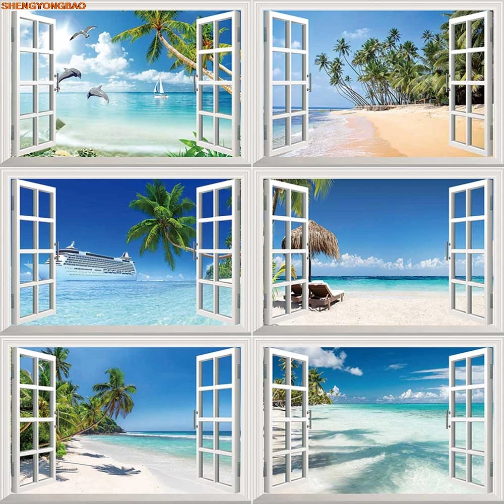 

Summer Window Beach Photography Background Coconut Trees Ocean Sunset Photozone Backdrop Children Photo Studio Photocall