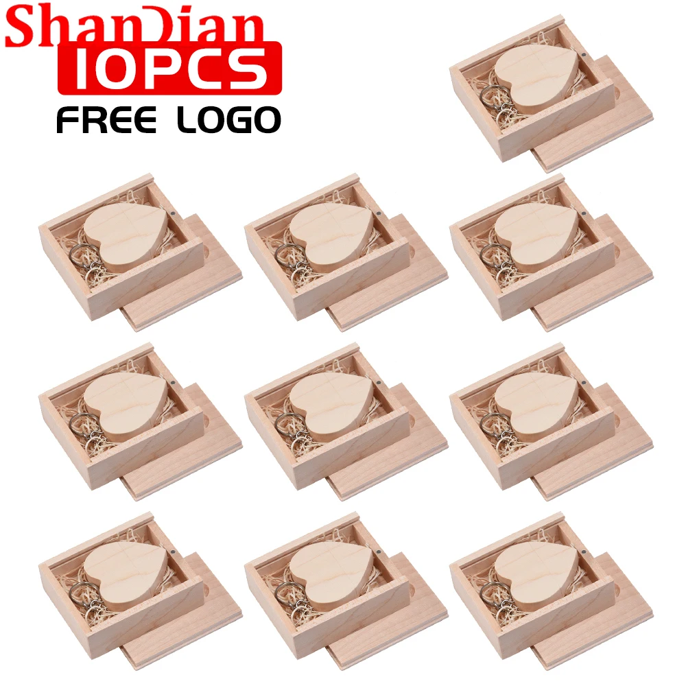 10 قطعة/الوحدة صندوق خشبي و القلب محرك فلاش USB 128 جيجابايت شحن مخصص شعار القلم محرك 64 جيجابايت القدرة الحقيقية الذاكرة عصا 32 جيجابايت هدية الزفاف