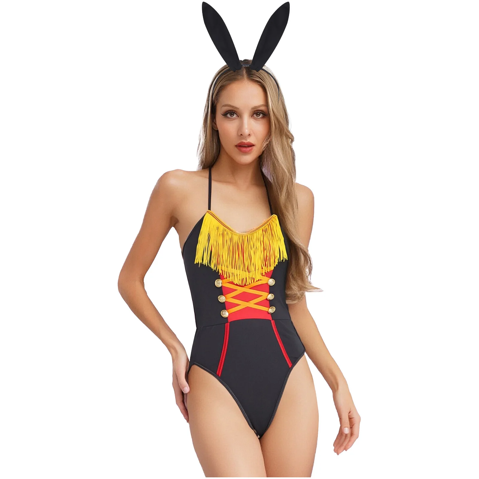 

Women Bunny Cosplay Bodysuit And Headwear Lace-up Halter Tassel Swallowtail Leotard for Halloween Circus Honor Guard Dress-up