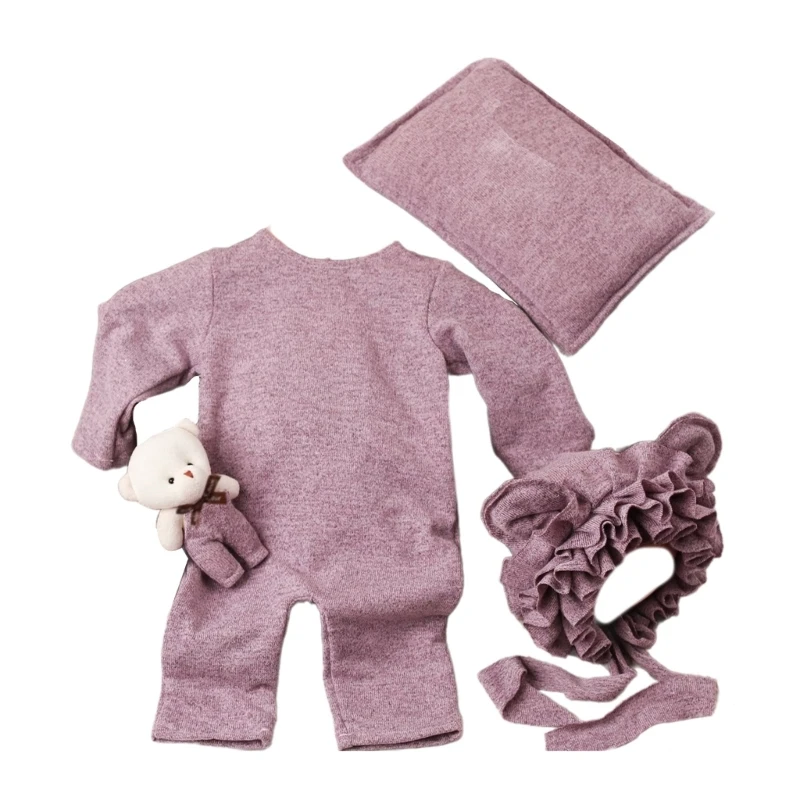 4PCS Clothing Set 0-6 Months Newborn Baby Boy Bear Long Sleeve Romper+Hat+Pillow +Doll Infant Baby Full Moon Photography Outfits