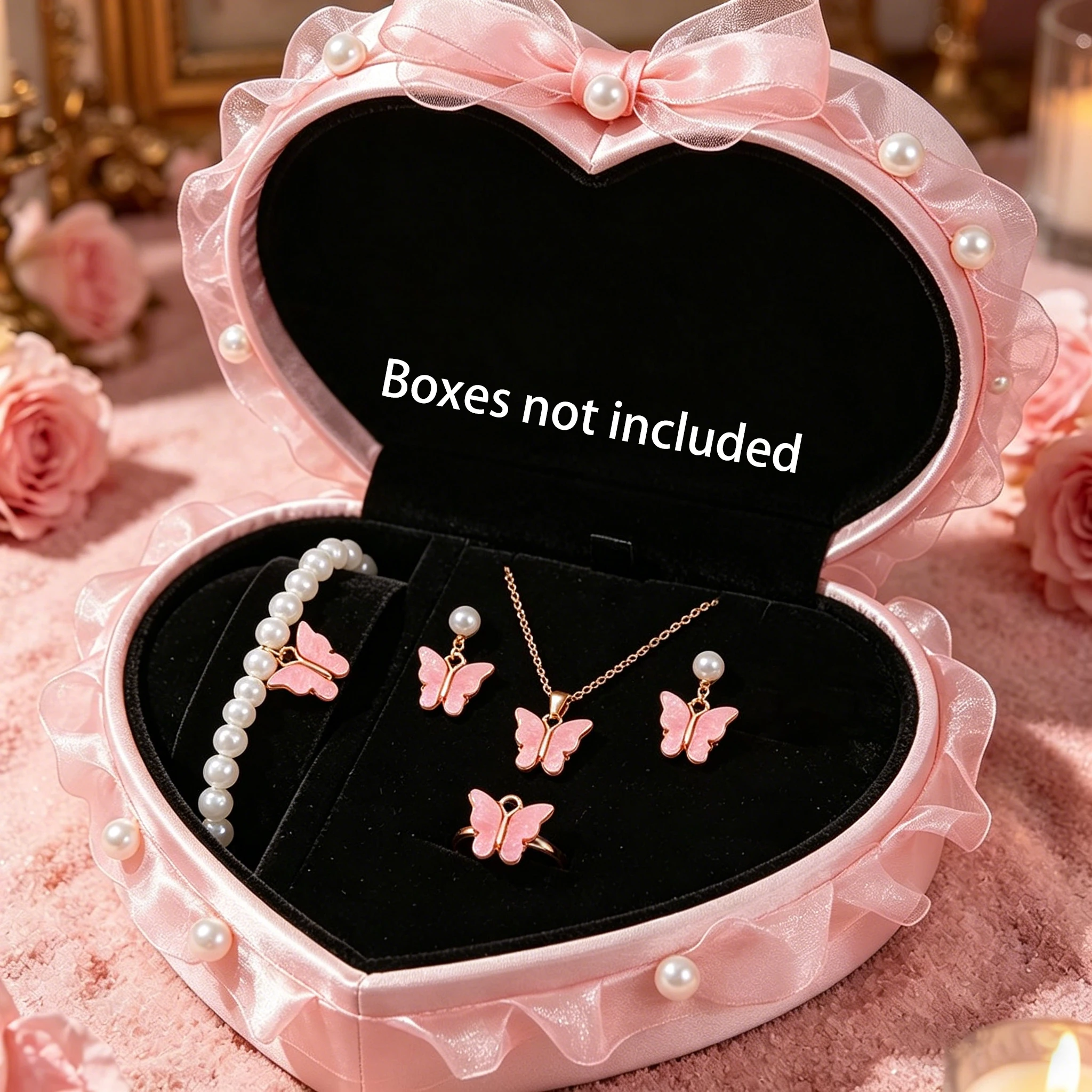 5PCS Butterfly Faux Pearl Jewelry Set, Necklace Bracelet Ring Earrings, Golden‑Tone, Sweet Gift for Women Daily Dating Party