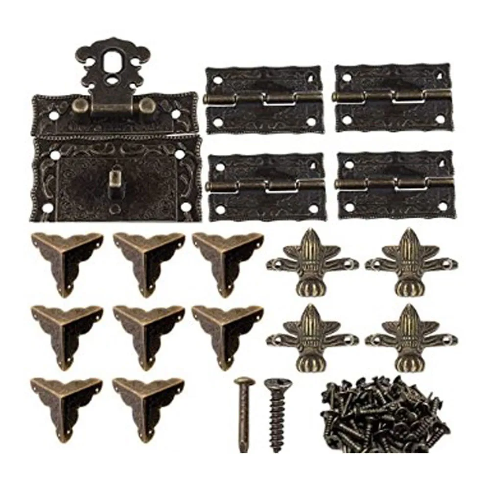 17-Piece Wooden Box Hardware Kit Featuring Cabinet Hinges Latch Hasp Wrap Corners and Corner Protectors for Storage Boxes