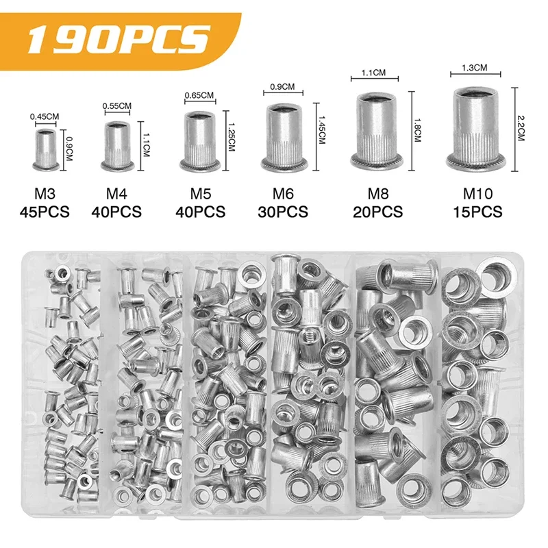100/190pcs M3 M4 M5 M6 M8 M10 อลูมิเนียมแบนหัว Rivet NutsInsert หมวกด้ายใส่ Rivet NUT ชุดเครื่องมือ