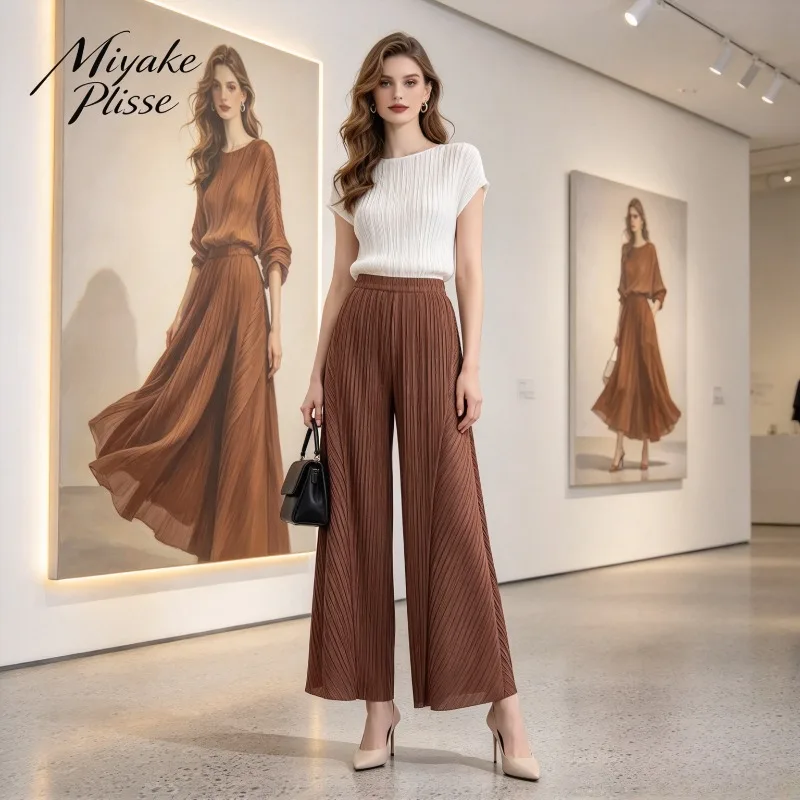 Miyake Pleated 2026 New Spring and Autumn Patchwork Wide-Leg Pants with High Waist Draped Large Hem Nine-Point Casual Pants