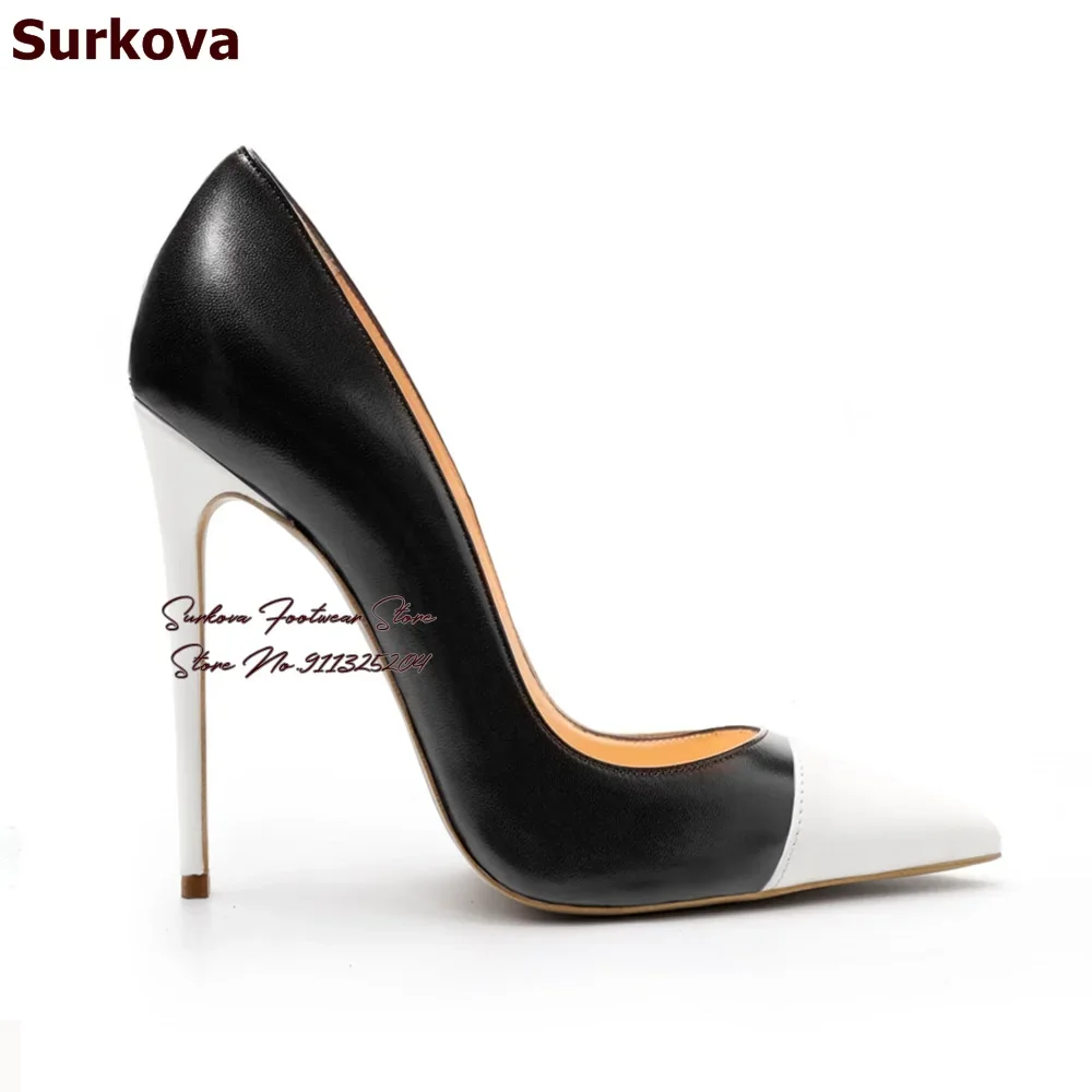 Surkova Nude/Black Matte Leather Patchwork 12cm Thin High Heel Shoes Pointy Toe Shallow Cut Wedding Pumps Size45 Gladiator Heels