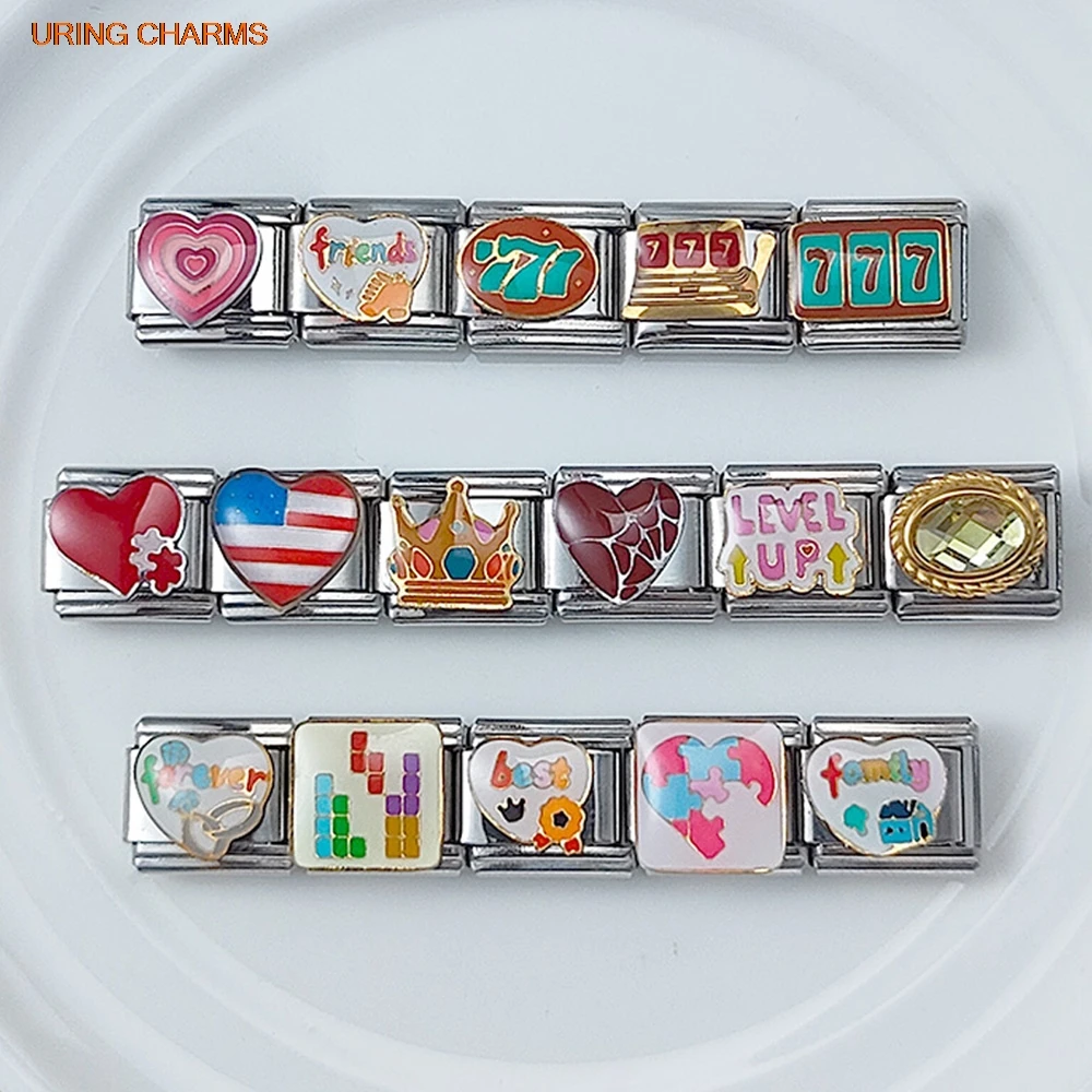 URING Delicate Family Chess Card Game Heart Map Jewelry Link fit 9mm Stainless Steel Italian Charm Making Trendy Bracelet DIY