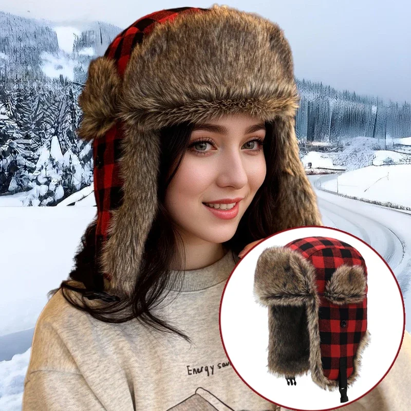 

1pc Windproof Dual-Tone Plaid Trapper Hat with Ear Flaps,Non-Stretch,Snap Closure,Lightweight,Versatile for All Occasions