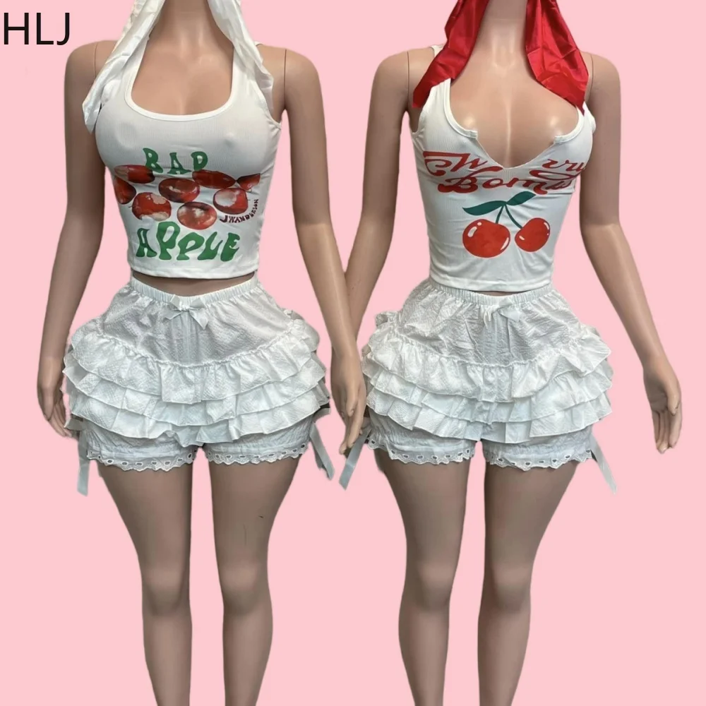 

HLJ Fashion Y2K Sweet Cherry Tank Top Two Piece Sets Women U Neck Sleeveless Slim Vest And Bow Ruffle Shorts Outfits Streetwear